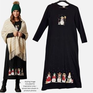 VTG 90s Holiday Dress Christmas Snowmen Sm Black Long Midi Dark Academia